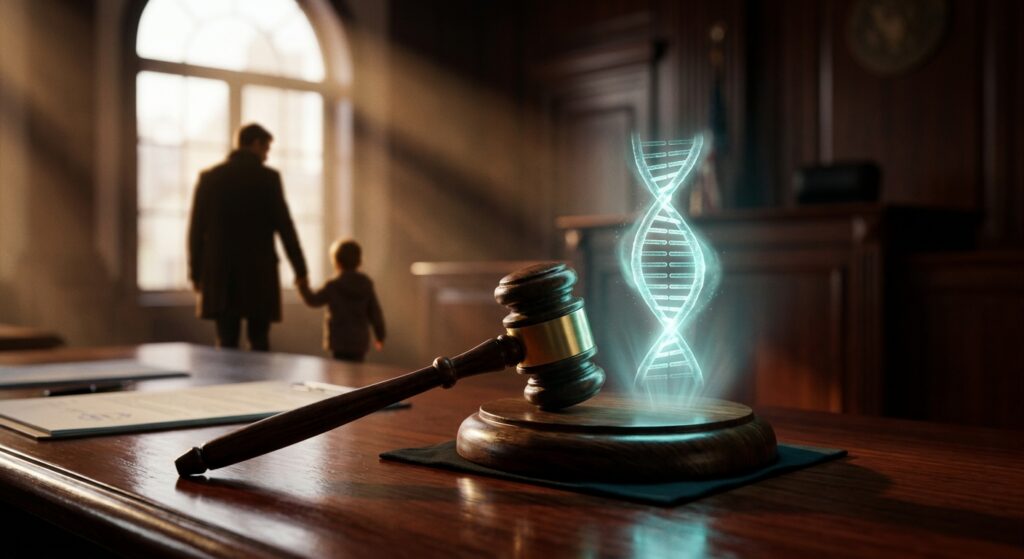 פטיש שופט והולוגרמה של סליל DNA על שולחן עץ באולם בית משפט, מסמלים בדיקת אבהות ודיני משפחה, עם דמויות מטושטשות של אב וילד מחזיקים ידיים ברקע.