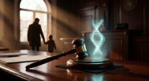 פטיש שופט והולוגרמה של סליל DNA על שולחן עץ באולם בית משפט, מסמלים בדיקת אבהות ודיני משפחה, עם דמויות מטושטשות של אב וילד מחזיקים ידיים ברקע.